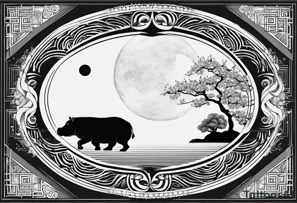 Very asymmetrical, +geometric pattern, with realistic full moon, with seeious looking hippo, +zen feel, + Buddhism touch, +tribal, +geometric
with wintersweet flower bud, +portrait orientation, +inkart touch, tattoo idea