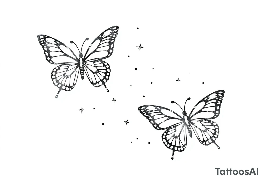 Simple outline of flying butterflies with lots of sparkles and bubbles tattoo idea