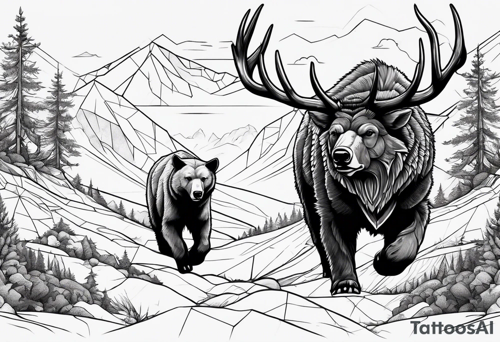 Hunter hunting deer being chased by a bear tattoo idea