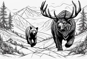 Hunter hunting deer being chased by a bear tattoo idea