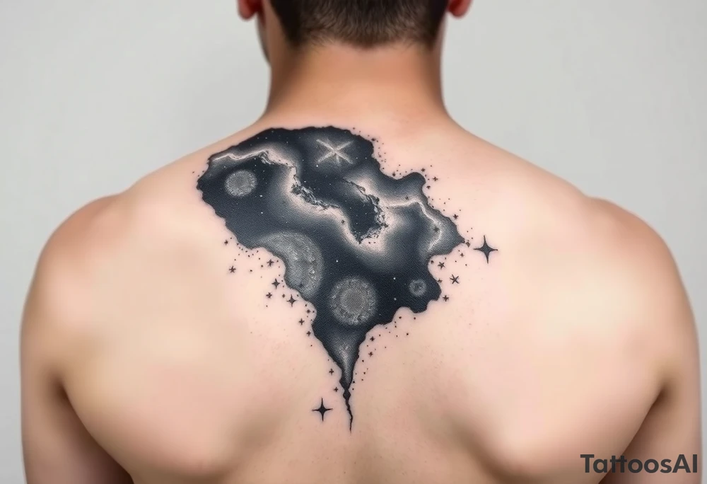 Beautiful and epic 3d milky way that appears to be what is beneath the skin. Make it drape over the shoulder and move to the middle back. use negative spaces to create stars and dust. Incorporate God breathing life into the universe. IKeep it symmetrical tattoo idea