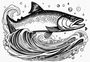 A rainbow trout jumping out of rapid waters and into  constellations and the universe tattoo idea