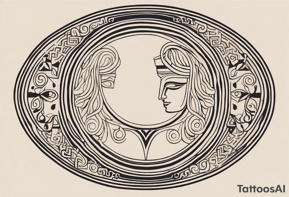 "Craft a minimalist tattoo design in the style of ancient Greek art, featuring Dionysus with his affection for theater. Depict Dionysus in a simplified yet elegant form, reminiscent of classical Greek sculpture, holding a theatrical mask and a goblet of wine. Surround him with subtle geometric patterns or motifs inspired by ancient Greek pottery, such as meanders or key patterns. Ensure the design maintains a minimalist aesthetic while incorporating elements that evoke the sophistication and timelessness of Greek art, capturing Dionysus's connection to both wine and theater in a visually striking manner." tattoo idea