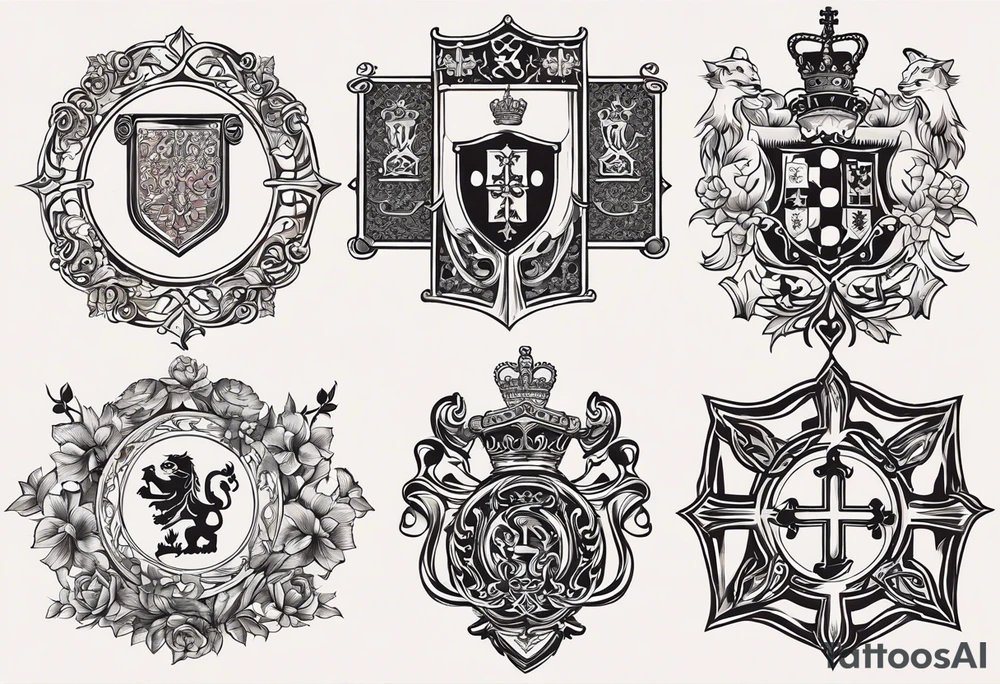 Merge the heraldic elements of england, northern ireland, ireland, scotland, wales, germany, croatia, serbia, slovakia, slovenia, and czech republic intertwined in a harmonious and elegant manner. The design should be symmetrical and suitable for a shoulder placement. tattoo idea