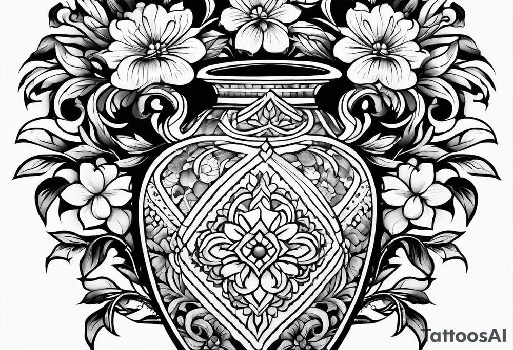 Traditional vase with patterns and flowers tattoo idea