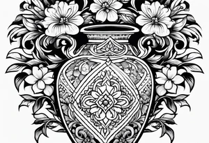 Traditional vase with patterns and flowers tattoo idea