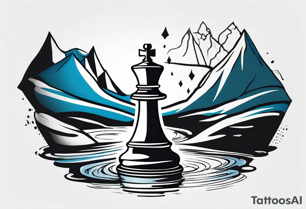 chess queen piece contour with mountain river flowing out of it tattoo idea