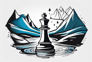 chess queen piece contour with mountain river flowing out of it tattoo idea