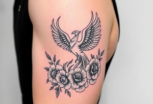 A pheonix rising out of fire surrounded by carnation flowers on the upper arm tattoo idea