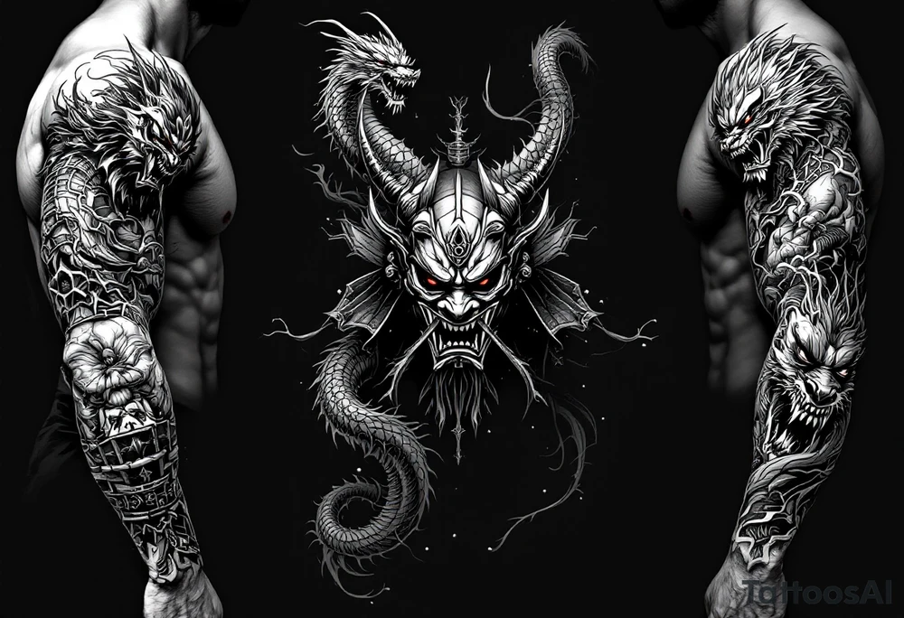 Japanese style with an oni mask, dragon and samurai warrior tattoo idea