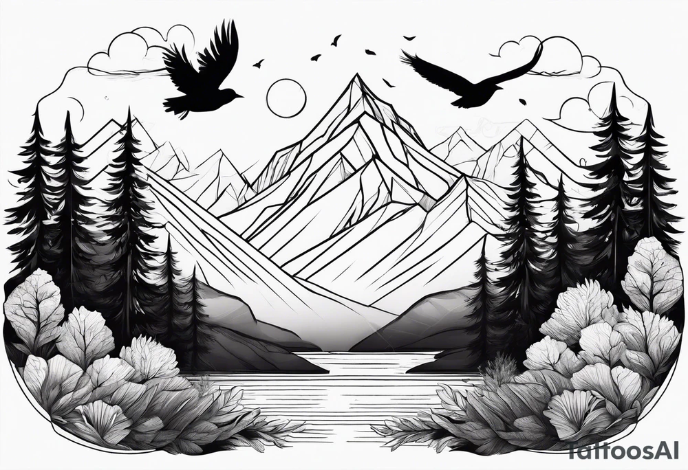 Nature landscape with mountains, birds and forest tattoo idea