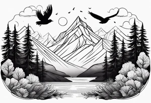 Nature landscape with mountains, birds and forest tattoo idea