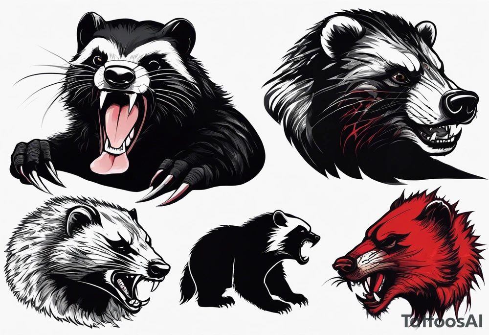 Draw me psychopath Fearless Honey Badger/Berserker with aggressive full body, killer face with a scary smile, very long nails and he attacks like a Bloody Assassin/Warrior/Gladiator to us and also, he has very deadly looking. He fights with his nails only. Everybody scares after their first sight. Give me horror type Badger Tattoo. I want to see his Realistic full body with no weapons. You can show destruction at the back. tattoo idea