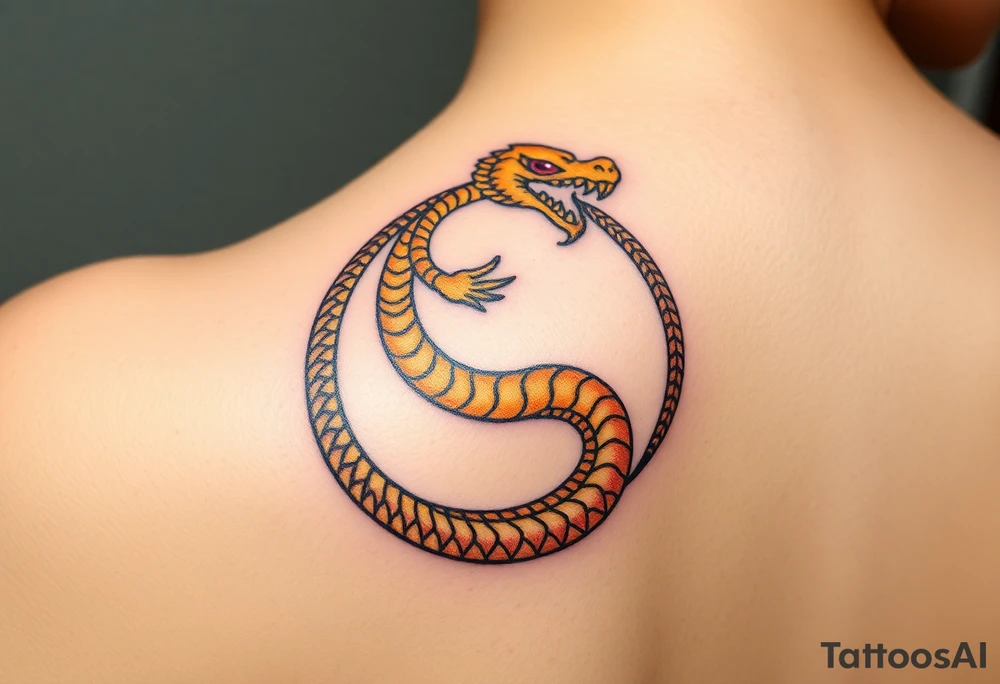 A golden dragon Ouroboros snake forming cyrcle with ruby eyes, its body covered in ancient markings tattoo idea