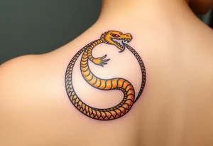 A golden dragon Ouroboros snake forming cyrcle with ruby eyes, its body covered in ancient markings tattoo idea