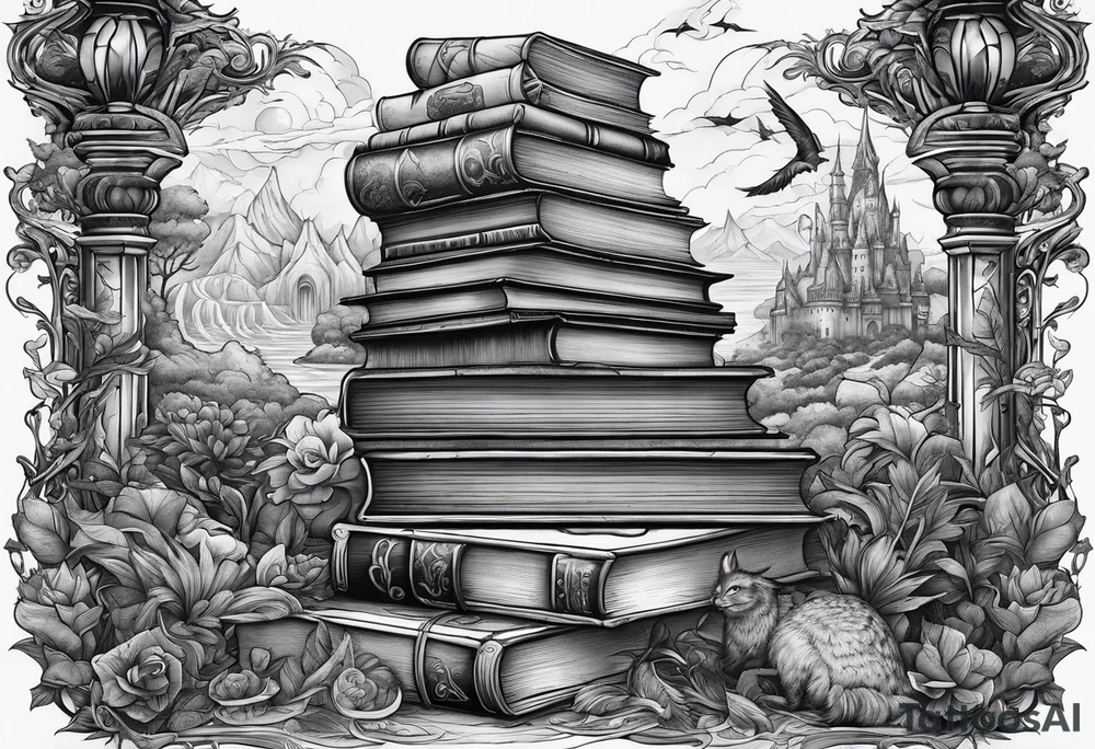 Stack of books surrounded by fantasy creatures tattoo idea