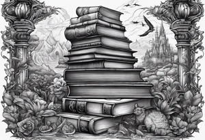 Stack of books surrounded by fantasy creatures tattoo idea