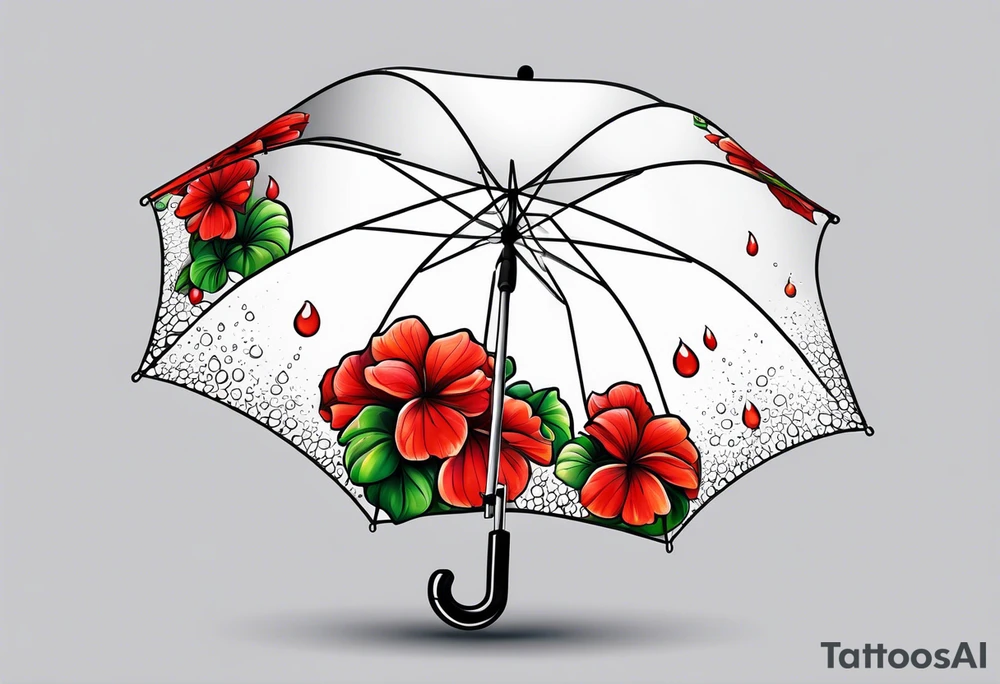 Upside down umbrella filled with geraniums rain droplets tattoo idea