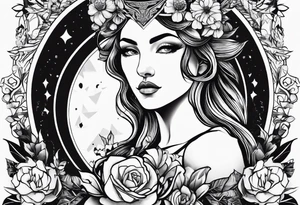 persephone goddess theme tattoo with a dark or gothic perspective. Include pomegranate, flowers and her being the queen of the underwood tattoo idea