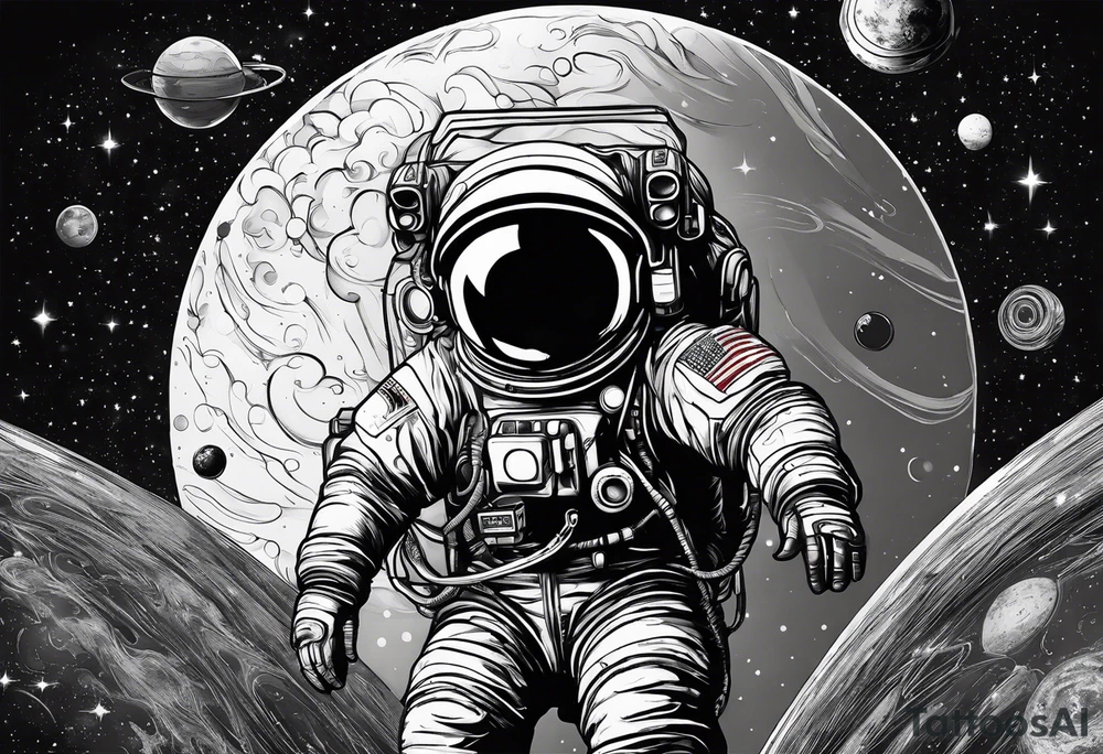 An astronaut floating in space with planets around him tattoo idea An astronaut floating in space with planets around him tattoo idea