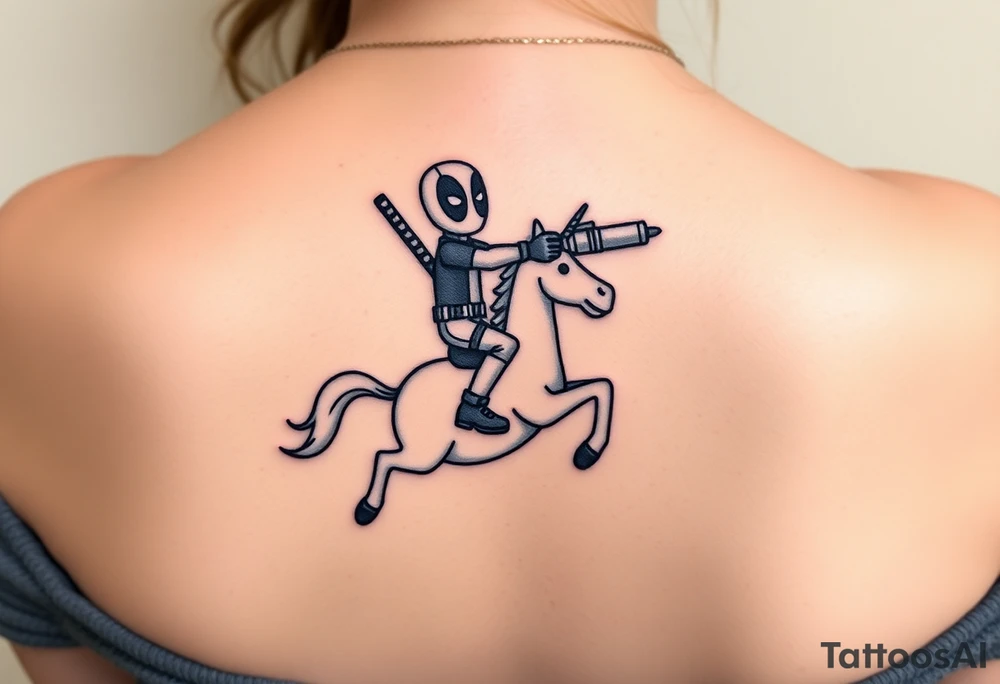 Deadpool riding unicorn pointing rocket propelled grenade launcher tattoo idea