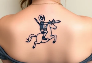 Deadpool riding unicorn pointing rocket propelled grenade launcher tattoo idea