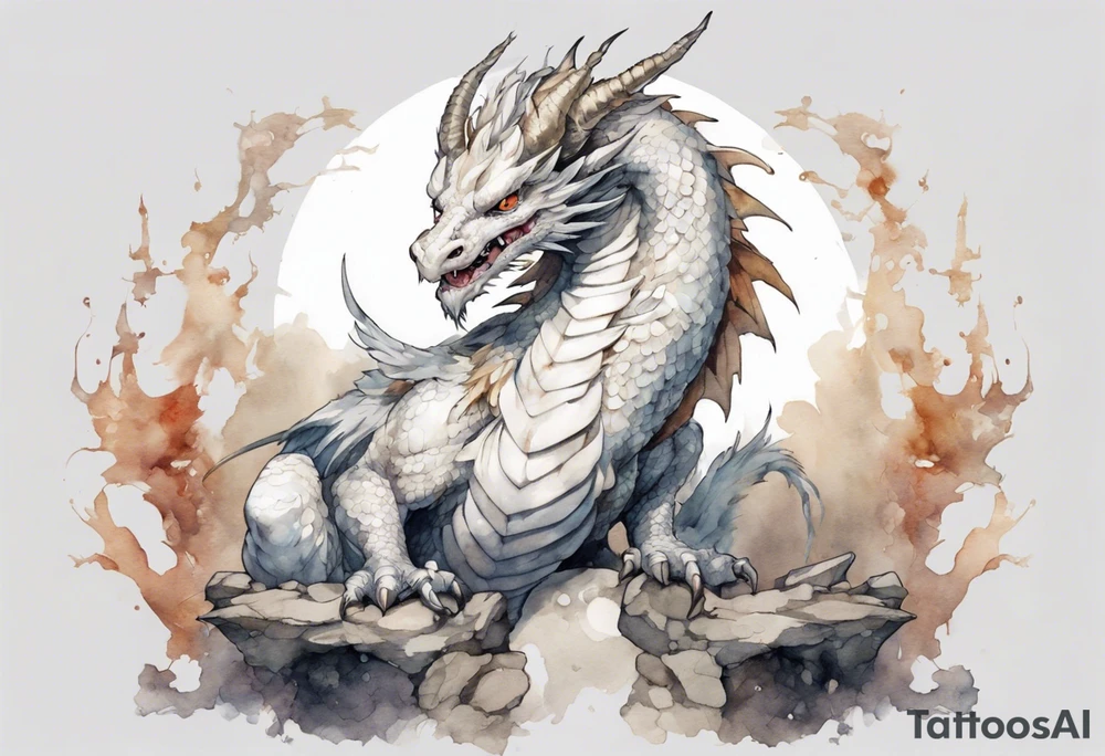 a white bird-dragon hybrid wearing a plain iron diadem, standing on a stone throne tattoo idea