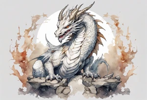 a white bird-dragon hybrid wearing a plain iron diadem, standing on a stone throne tattoo idea