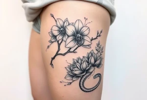 Orchid or cherry blossom tree and lotus and snake on a woman tattoo idea