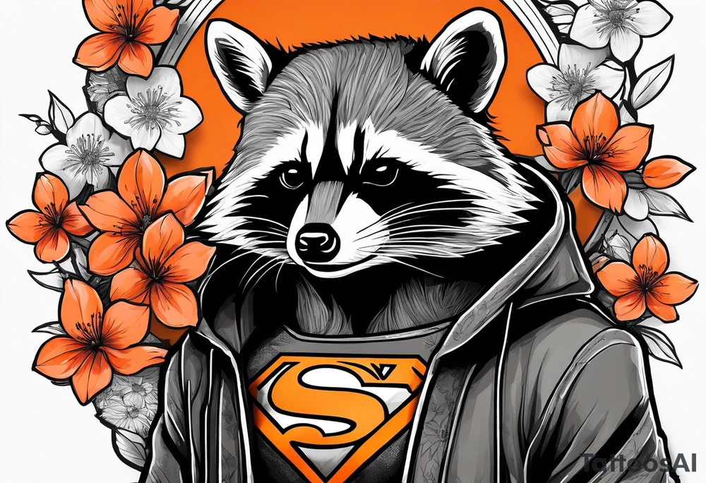 Raccoon wearing a white Superman logo on a black hoodie and orange Japanese cherry blossoms beside tattoo idea