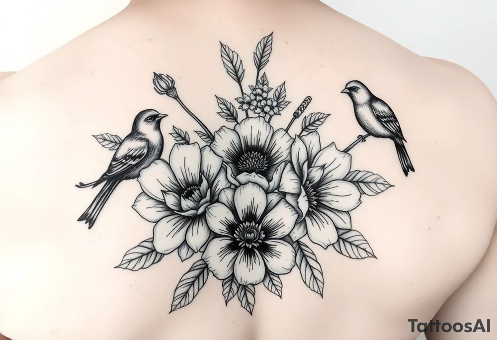 Different flowers with different birds surrounding them. Close together. 
Black and white tattoo idea