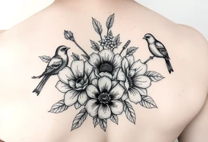 Different flowers with different birds surrounding them. Close together. 
Black and white tattoo idea