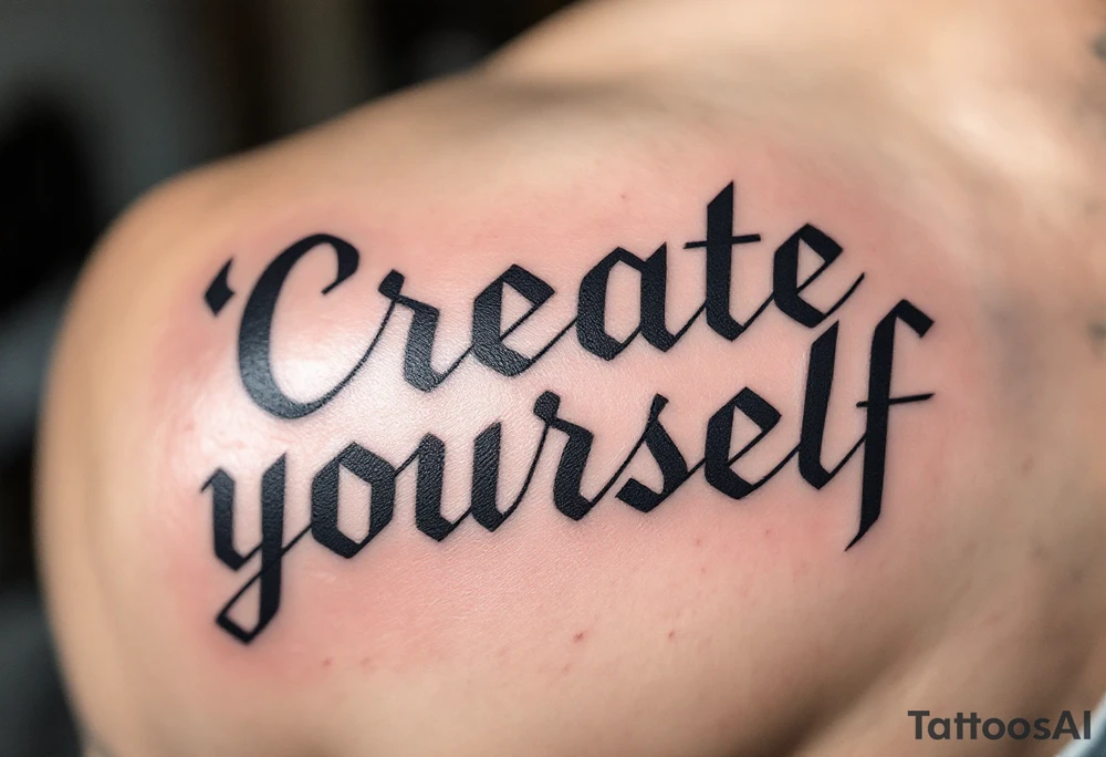 “Create yourself” in graphite black script, with geometric shapes building from the letters in cool grays tattoo idea