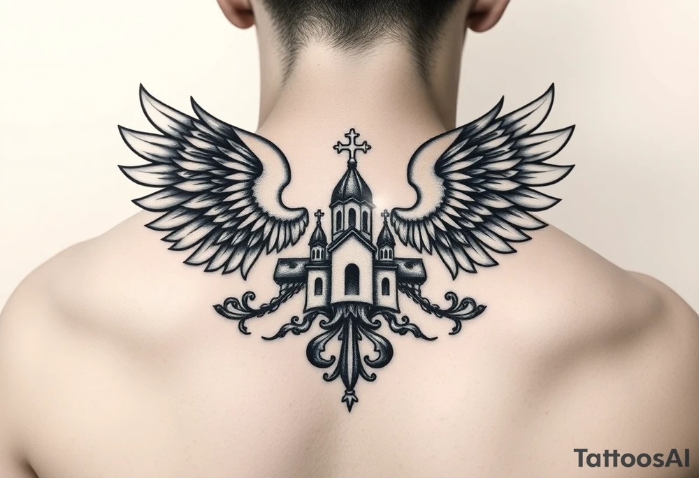 russian coat of arms with both heads visible & wings spanning out on my back neck across on to my shoulders with an orthodox christian church being visible in a mountainous sun beaming setting, with the russian orthodox cross spire of the orthodox church being visible on my neck with a sun beaming in the background that the cross sits inside tattoo idea