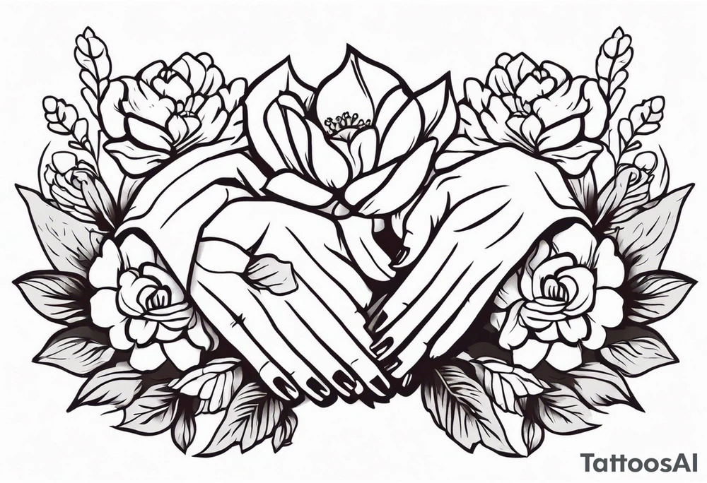 two 
hands praying with flowers simple bold tradional old school style bold colors tattoo idea