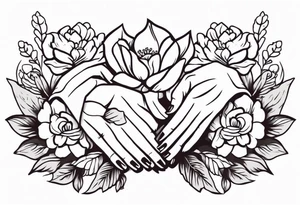 two 
hands praying with flowers simple bold tradional old school style bold colors tattoo idea