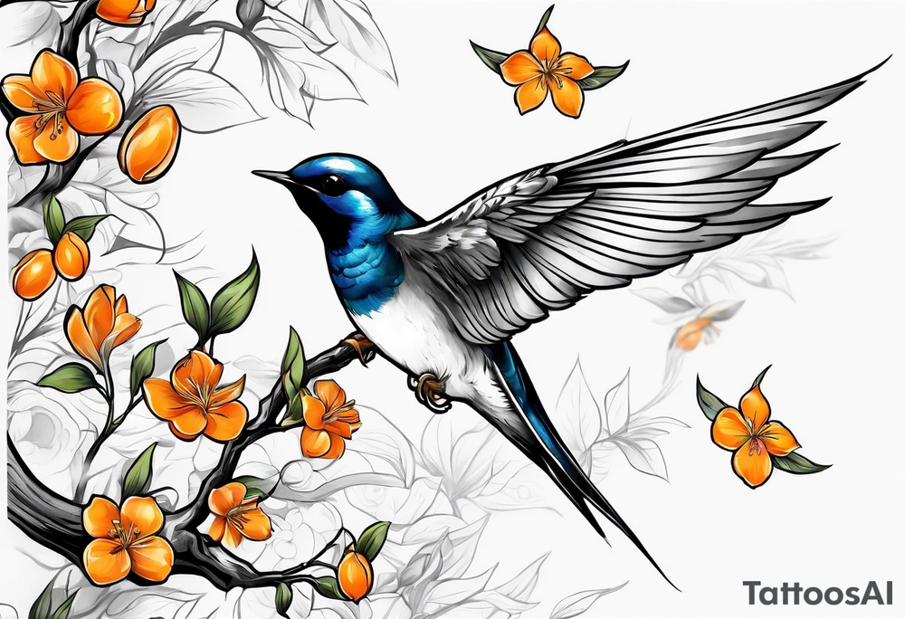 swallow flying off of branch with orange blossoms tattoo idea