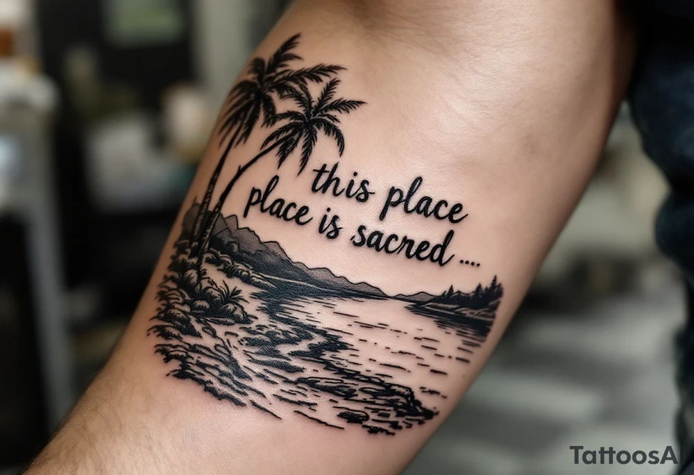Hand written writing that says this place is sacred on a small breadfruit tree next to a river tattoo idea