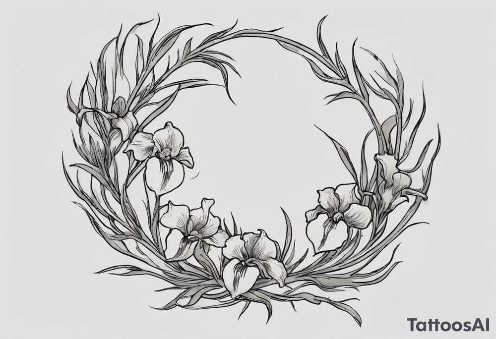 Create a small Vincent van Gogh Irises tattoo. The tattoo should take the form of a crescent, with vines gracefully intertwining at a central point in the middle of the wreath. Ensure that the design avoids the appearance of a bush and maintains a more structured and deliberate arrangement. The intended placement is on the upper chest. The overall design should be small in size while maintaining a delicate and artistic aesthetic. Pay attention to the graceful flow of the vines and the placement of the irises to achieve a refined and elegant look. tattoo idea