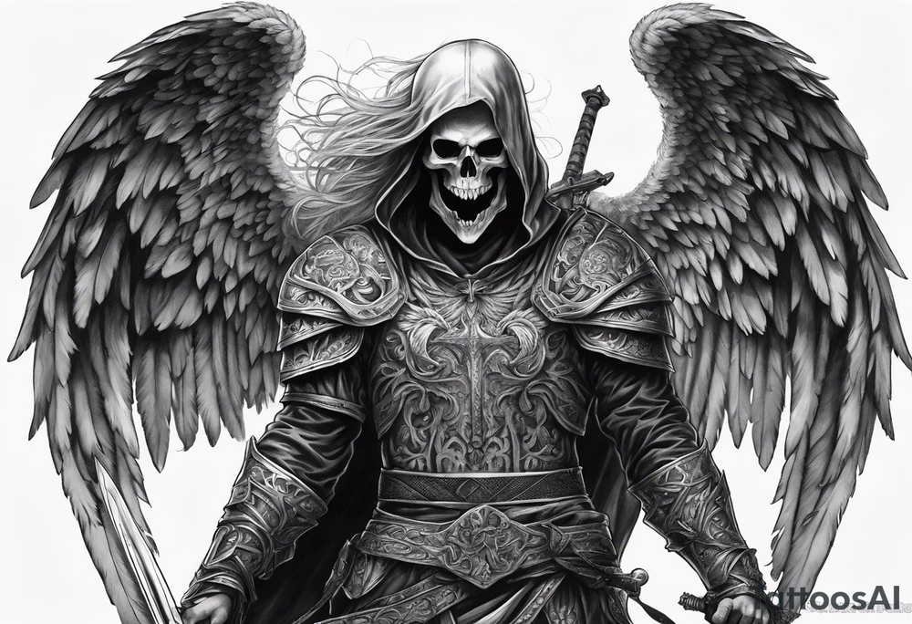 realistic angel of death, man, full body, no face visible, holding one sword, sword pointing downwards, skulls lying on the ground tattoo idea