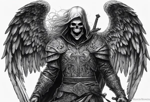 realistic angel of death, man, full body, no face visible, holding one sword, sword pointing downwards, skulls lying on the ground tattoo idea