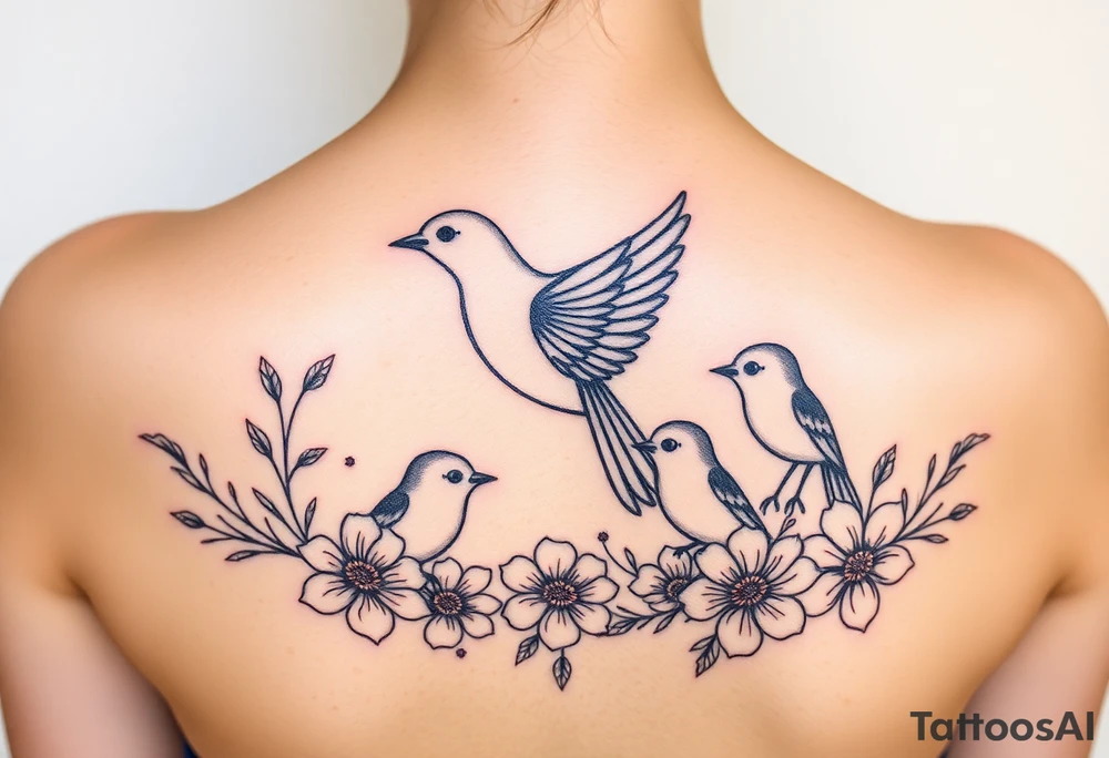 Mom bird and three baby birds with flowers tattoo idea