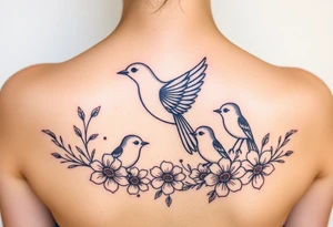 Mom bird and three baby birds with flowers tattoo idea