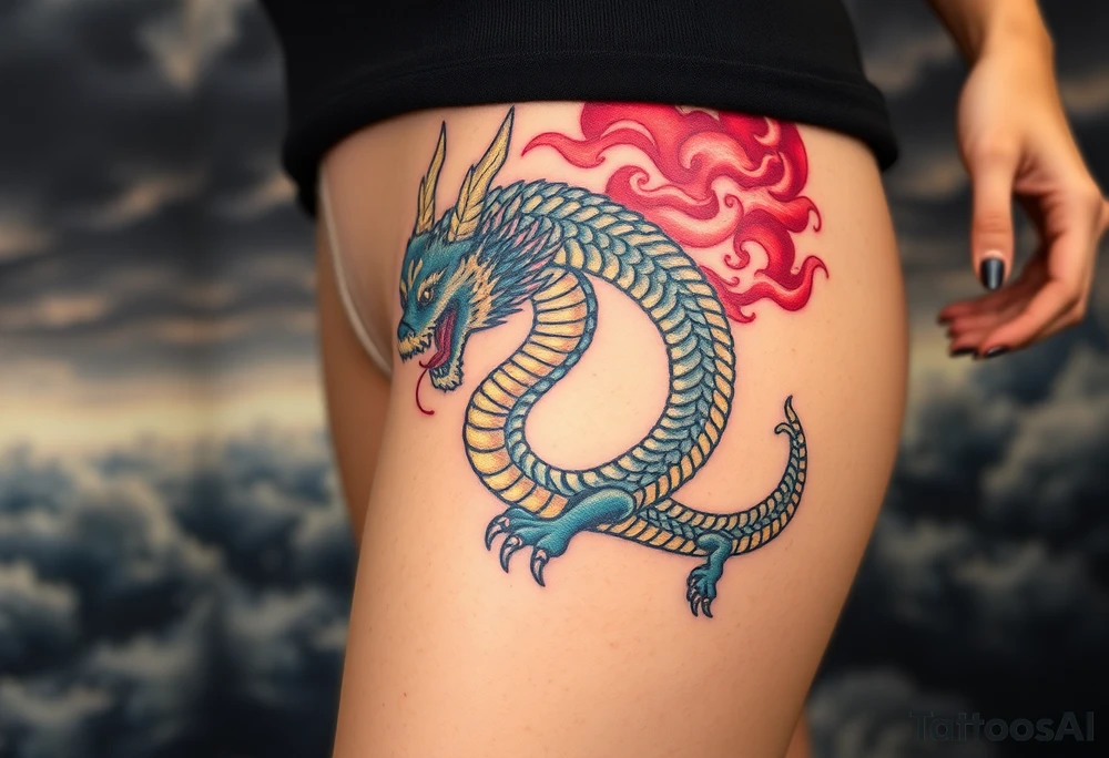 fierce dragon breathing iridescent fire against stormy skies tattoo idea