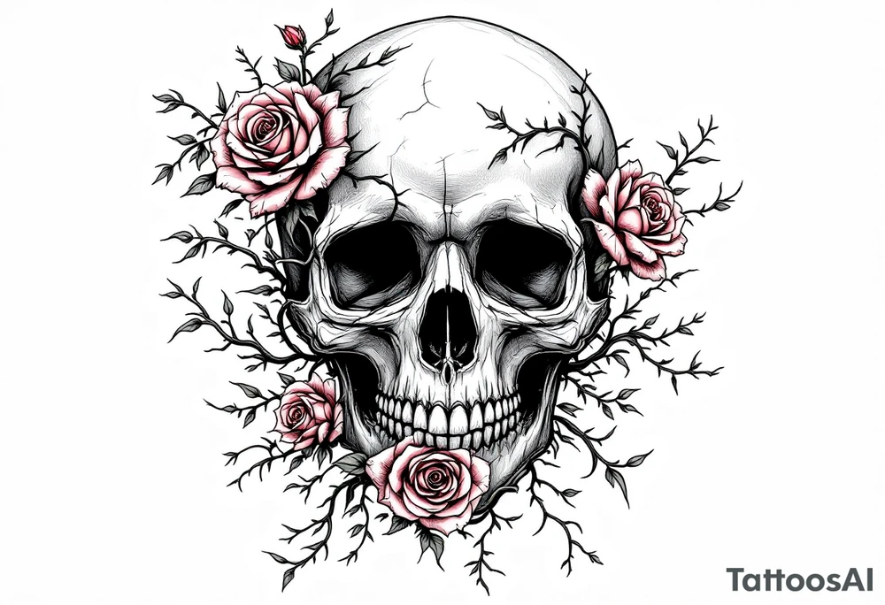 gothic skull intertwined with climbing roses and thorny vines tattoo idea