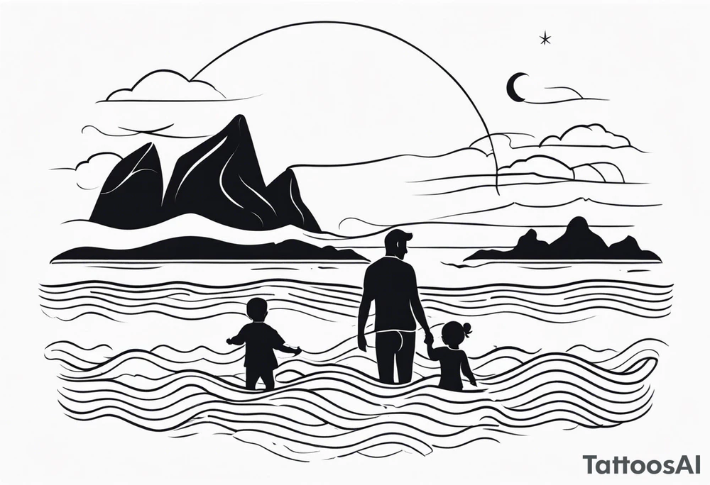 Black and white, single needle, minimal Line work tattoo with a dad and his two toddler daughters in the ocean. tattoo idea