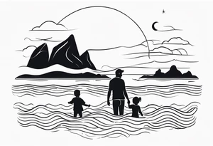 Black and white, single needle, minimal Line work tattoo with a dad and his two toddler daughters in the ocean. tattoo idea