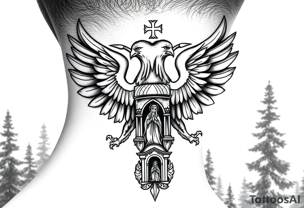 russian coat of arms double headed eagle traditional christian orthodox cross with a virgin mary stood in the entrance of a russian orthodox dome church on the side of the neck in a wilderness setting tattoo idea