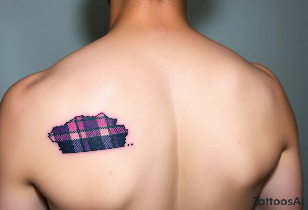 Side of arm Dark Purple with green pink blue and white highlights tartan fabric with skin peeling away at edges tattoo idea