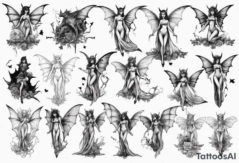 Fairy standing on top of bat tattoo idea